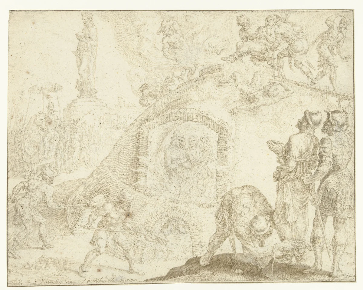 Drie jongelingen worden in een vurige oven geworpen by Maarten van Heemskerck, drawing, 1564