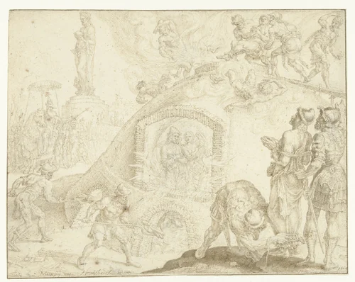 Drie jongelingen worden in een vurige oven geworpen by Maarten van Heemskerck, drawing, 1564