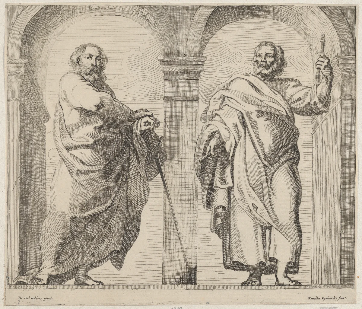 Saints Peter and Paul in a vestibule by Rombout Eynhoudts, print, 1625-1685