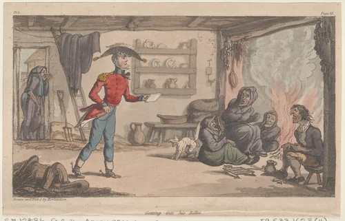 Getting into his Billet by Thomas Rowlandson, print, 1815