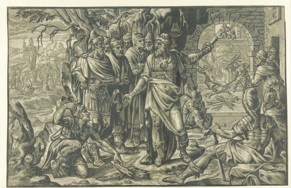 Nebukadnezar werpt de drie jongelingen in de vurige oven by Unknown, print, 1554-1589