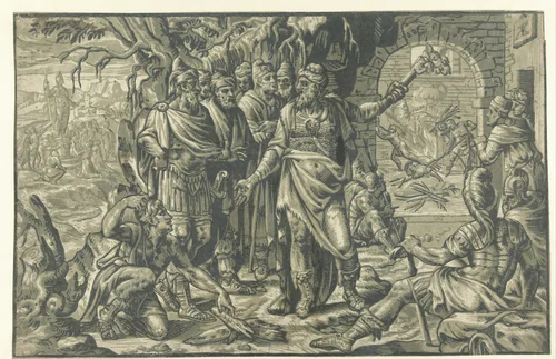 Nebukadnezar werpt de drie jongelingen in de vurige oven by Unknown, print, 1554-1589