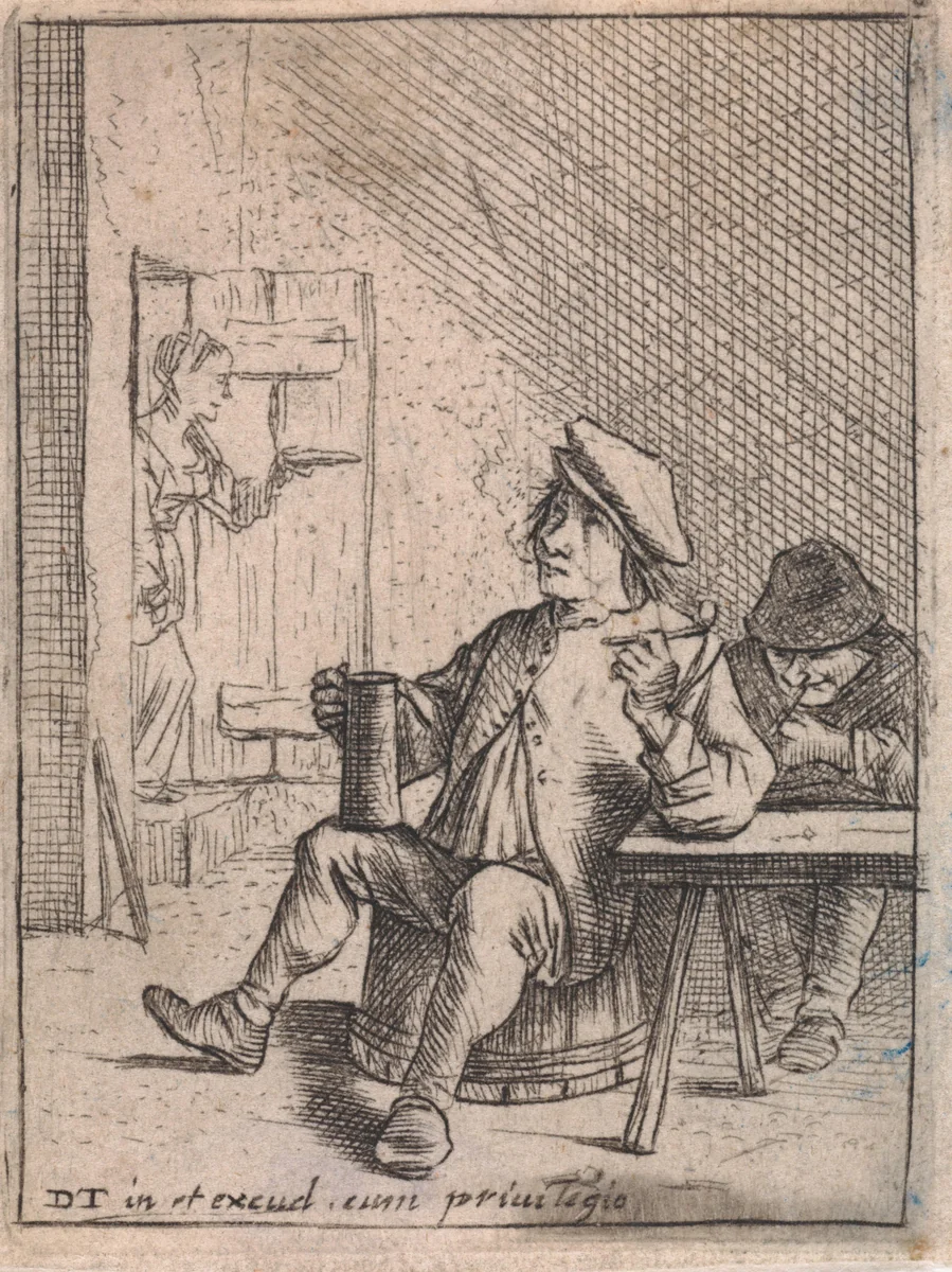 Zittende boer met kruik en pijp by anonymous, print, 1626-1690