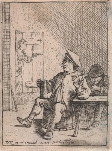 Zittende boer met kruik en pijp by anonymous, print, 1626-1690