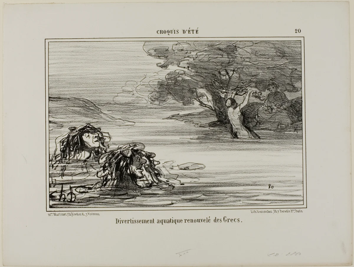 Aquatic fun borrowed from the old Greeks, plate 20 from Croquis D'été by Honoré-Victorin Daumier, print, 1857