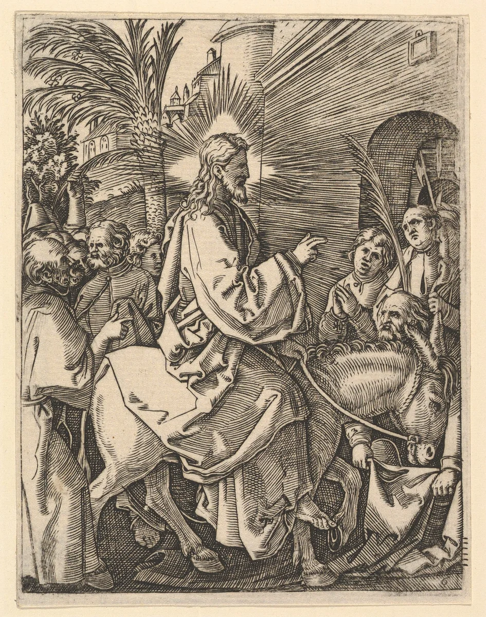 The Entry into Jerusalem; Christ riding on a donkey towards an arched city gate; an elderly man spreads out his cloak on the road, from "The Passion of Christ", after Dürer by Marcantonio Raimondi, print, 1495-1539