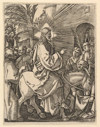 The Entry into Jerusalem; Christ riding on a donkey towards an arched city gate; an elderly man spreads out his cloak on the road, from "The Passion of Christ", after Dürer by Marcantonio Raimondi, print, 1495-1539