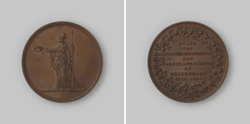 Hulde van Leidse jonkvrouwen aan de uitgetrokken Leidse studenten by David van der Kellen, metalwork, 1831