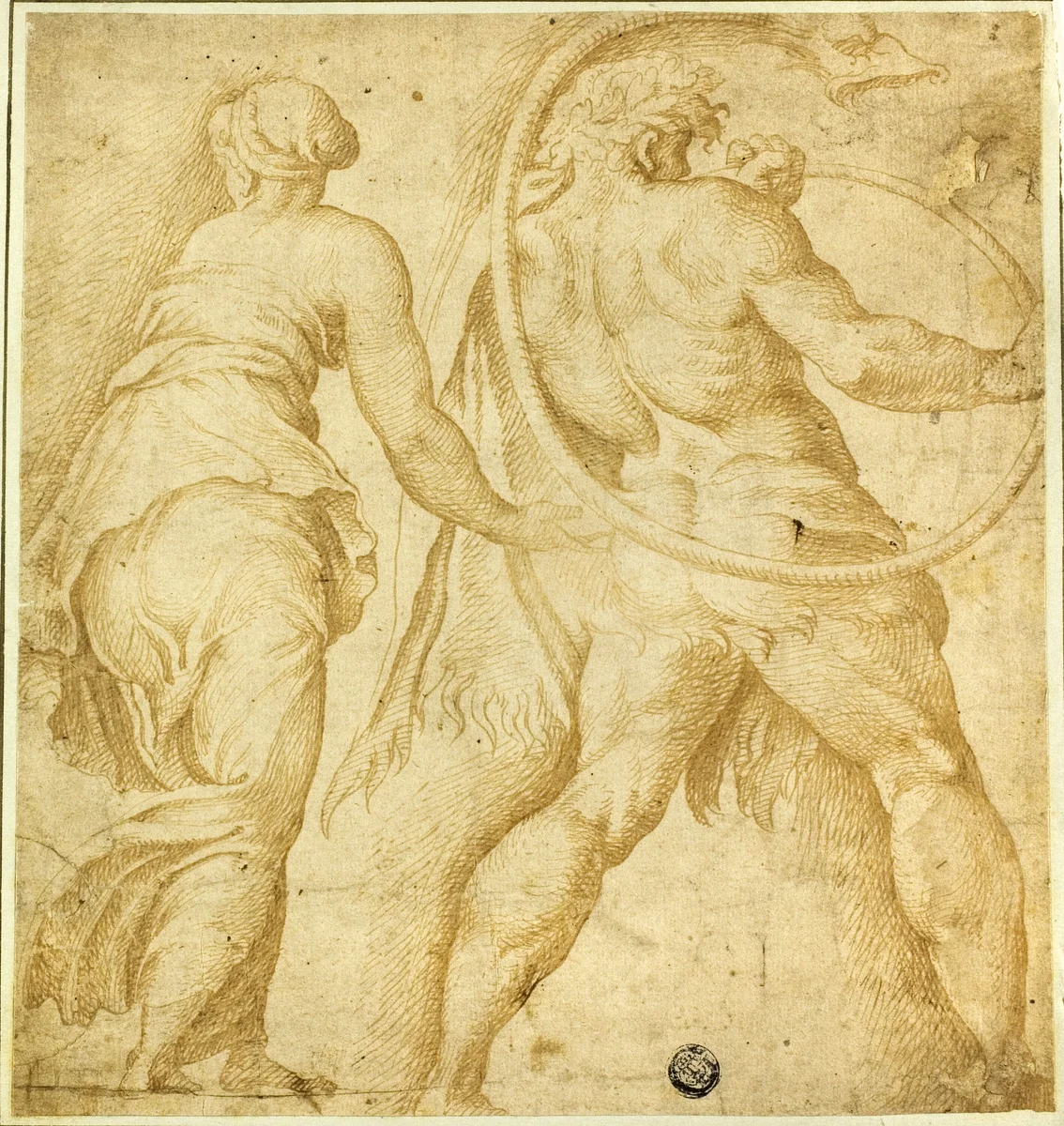 Woman Turning Left; Male Nude Blowing Trumpet by Polidoro Caldara, drawing, 1519-1543