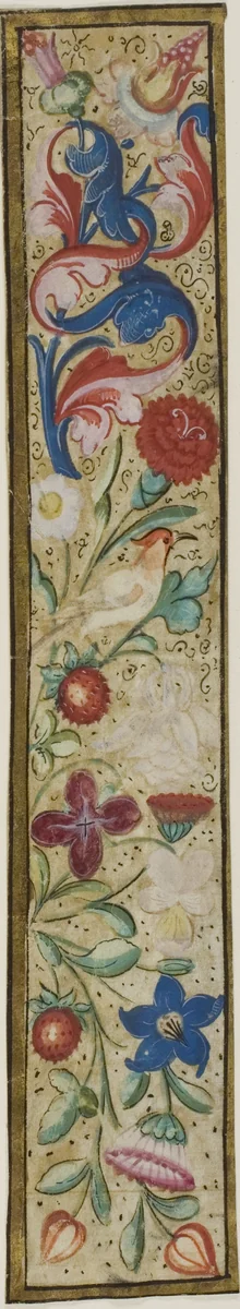 Illuminated Border with Bird, Strawberries and Flowers from a Choir Book by European, painting, 1300-1500
