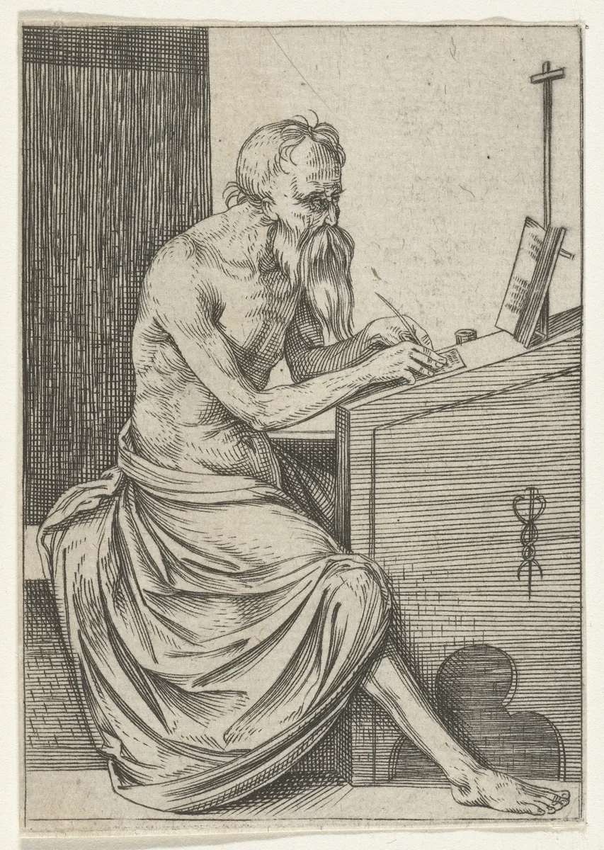Heilige Hieronymus in zijn studeervertrek by anonymous, print, 1495-1516