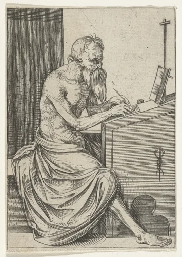 Heilige Hieronymus in zijn studeervertrek by anonymous, print, 1495-1516