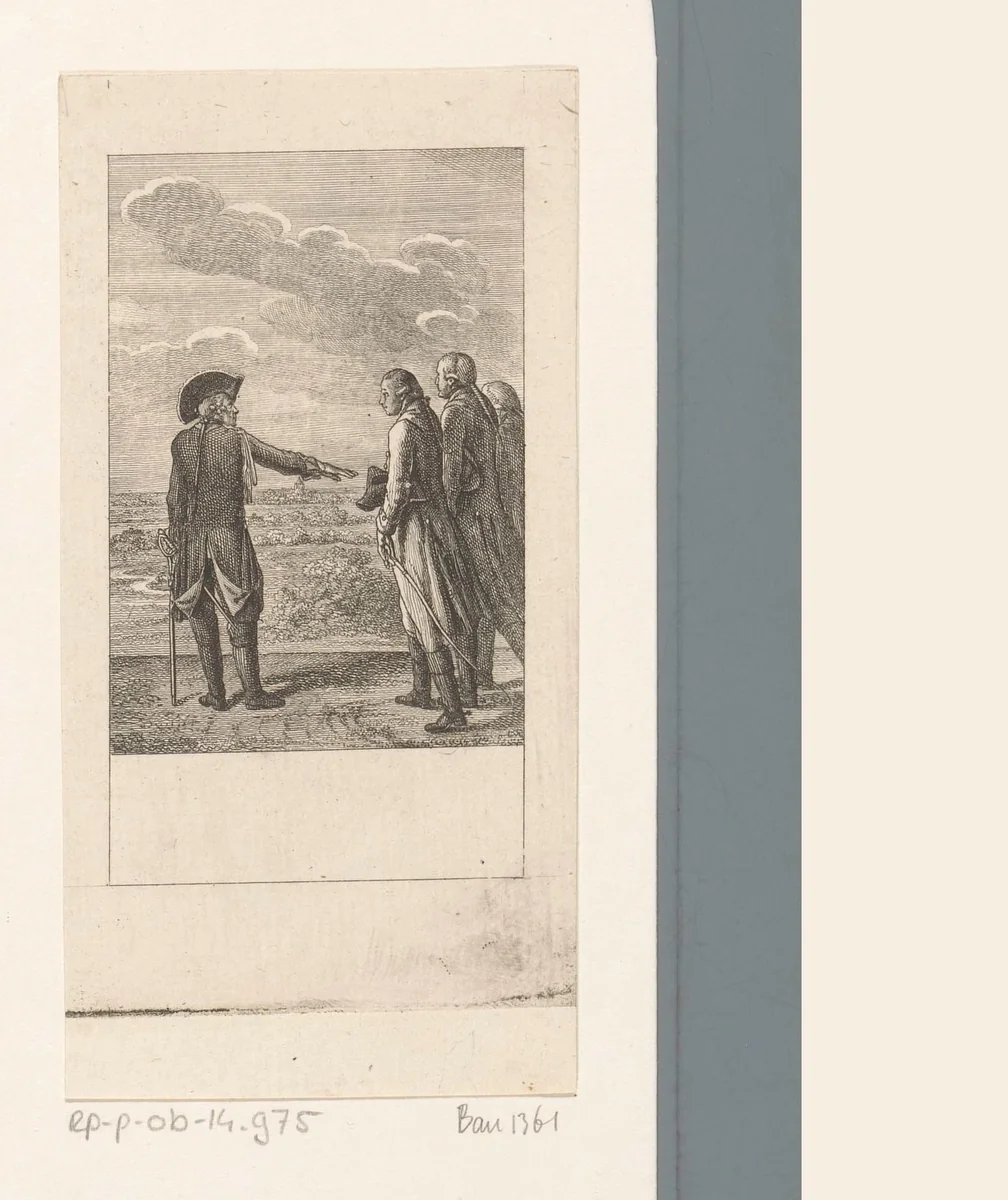 Frederik II vraagt naar een toren in de verte by Daniel Nikolaus Chodowiecki, print, 1788