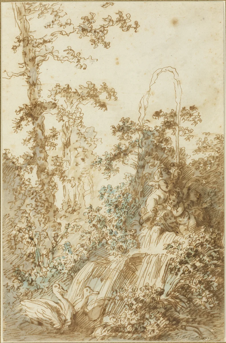 Capriccio with Fountain and Frolicking Swans by Jean Baptiste Huet, drawing, 1772