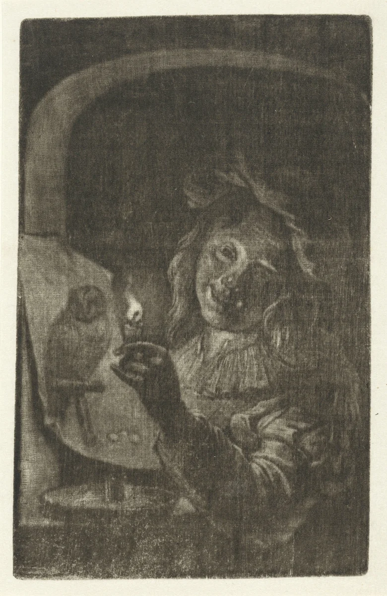 Jongen met een prent waarop een uil bij kaarslicht by Aert Schouman, print, 1720-1792