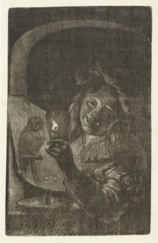 Jongen met een prent waarop een uil bij kaarslicht by Aert Schouman, print, 1720-1792