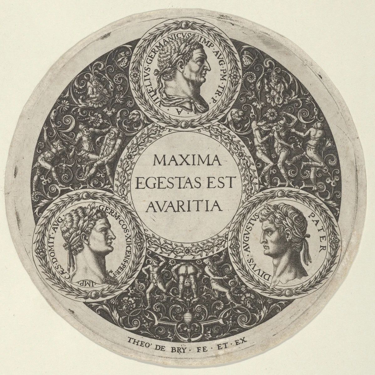 Design for a Dish with Portraits of the Roman Emperors Vetllius, Domitian, and Augustus by Theodor de Bry, print, 1583-1593