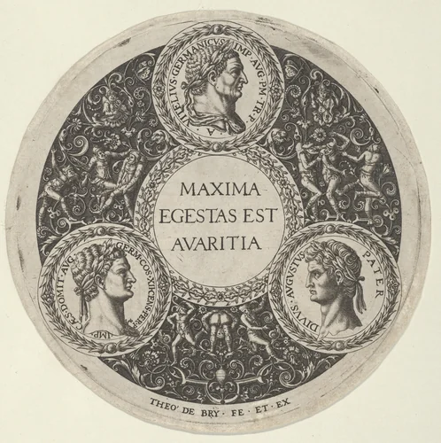 Design for a Dish with Portraits of the Roman Emperors Vetllius, Domitian, and Augustus by Theodor de Bry, print, 1583-1593
