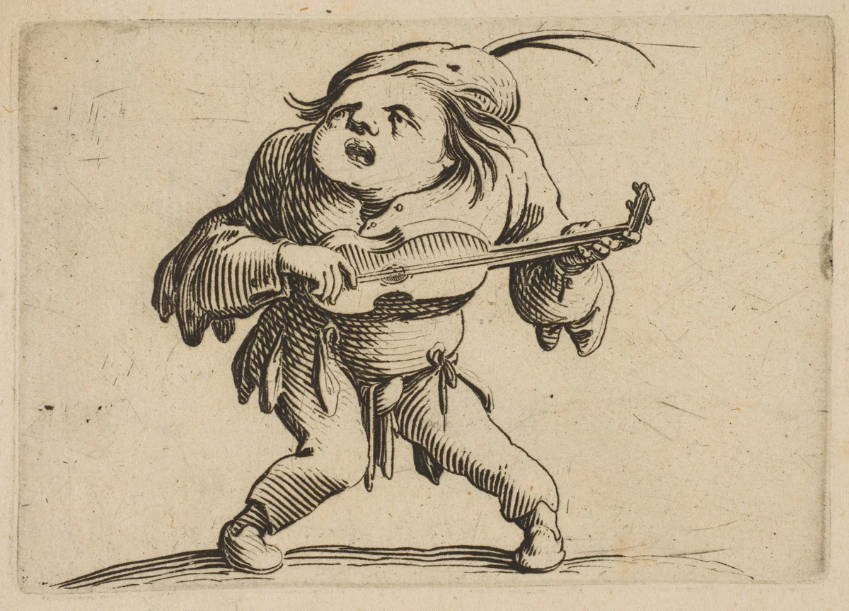 Le Bancal Jouant de La Guitar (The Bandy-Legged Man Playing the Guitar), from "Varie Figure Gobbi, suite appelée aussi Les Bossus, Les Pygmées, Les Nains Grotesques" (Various Hunchbacked Figures, The Hunchbacks, The Pygmes, The Grotesque Dwarfs) by Jacques Callot, print, 1616-1622
