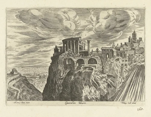 Gezicht op de watervallen van Tivoli by anonymous, print, 1585