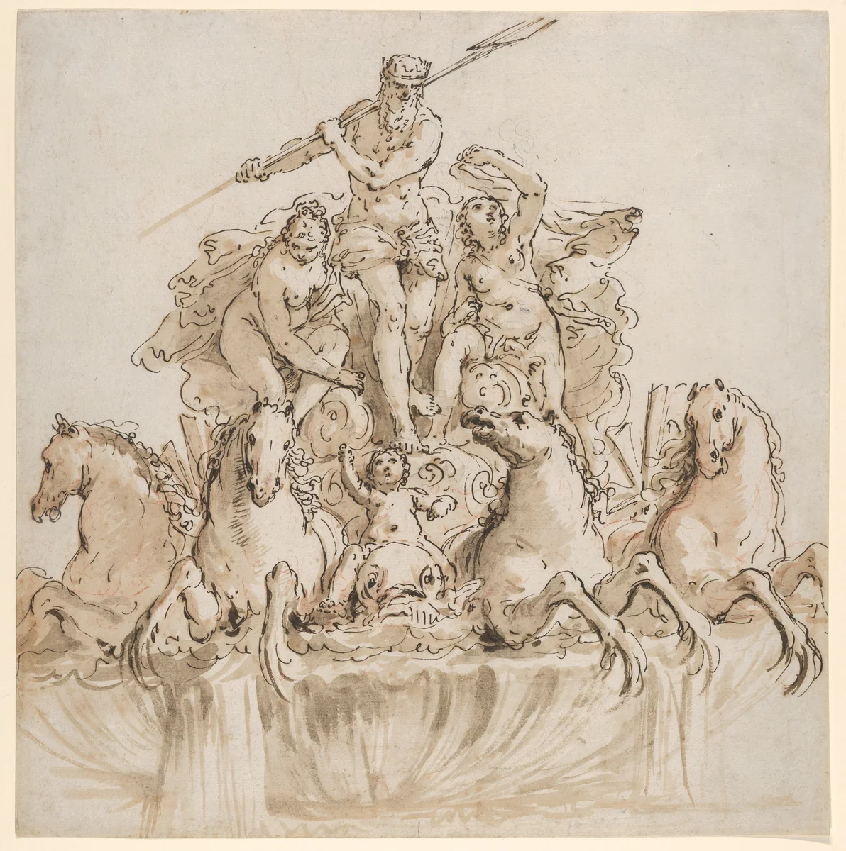 Design for a Fountain with Neptune in his Chariot by Francesco Fontebasso, drawing, 1740-1760