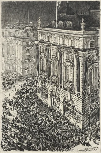 Piccadilly Circus, Eve of the Coronation of George VI by Muirhead Bone, drawing, 1937
