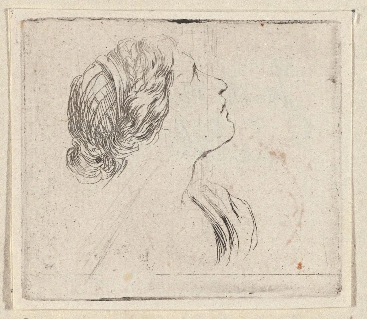 Hoofd van een vrouw, rechts omhoog kijkend by Stefano della Bella, print, 1620-1664