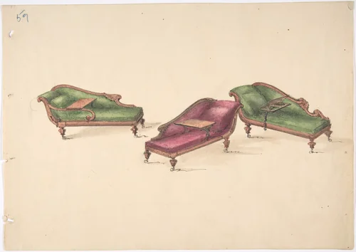Design for Three Reclined Reading Sofas with Trays, on Casters, Upholstered in Green and Red by anonymous, drawing, 1800-1850