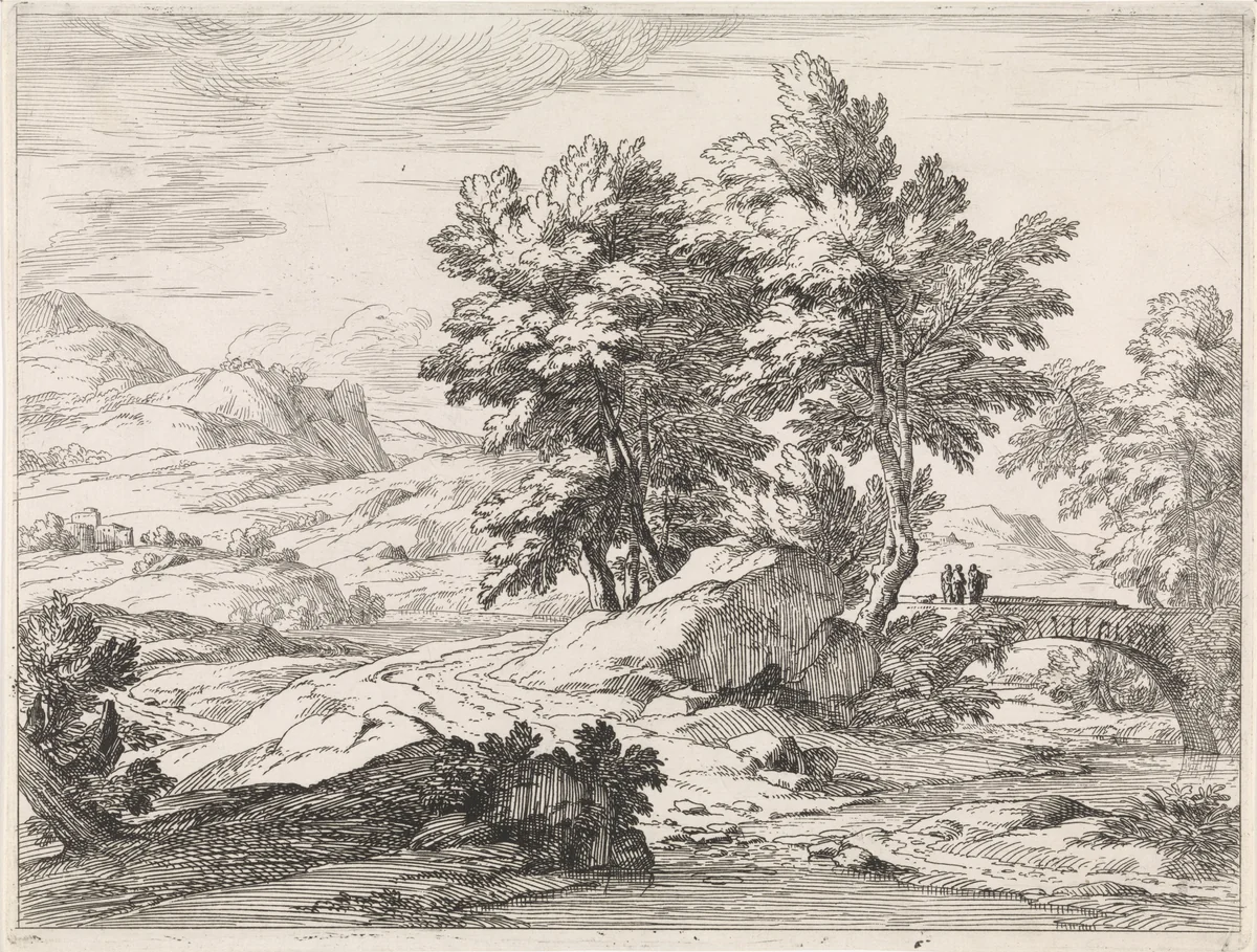 Rivierlandschap met brug by Abraham Genoels, print, 1650-1690