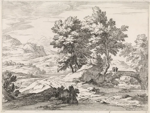 Rivierlandschap met brug by Abraham Genoels, print, 1650-1690