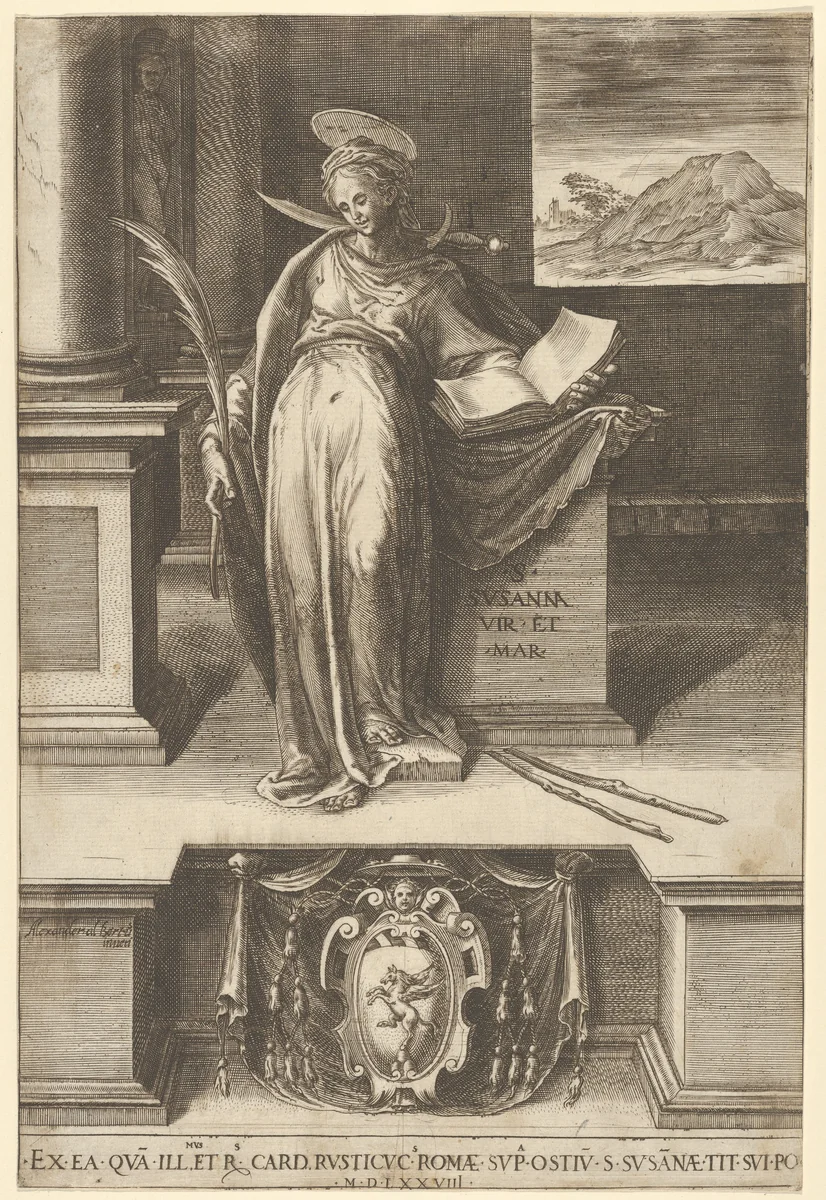 Saint Susanna in an interior holding an open book in her left hand, a palm in her right, a landscape visible through a window at right and at bottom center a coat of arms by Cherubino Alberti, print, 1578