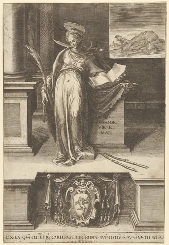 Saint Susanna in an interior holding an open book in her left hand, a palm in her right, a landscape visible through a window at right and at bottom center a coat of arms by Cherubino Alberti, print, 1578