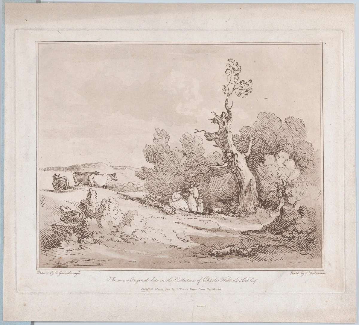 Landscape with Figures Collecting Wood Beneath Gnarled Trees, or, Cattle, River side by Thomas Rowlandson, print, 1789