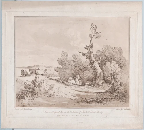 Landscape with Figures Collecting Wood Beneath Gnarled Trees, or, Cattle, River side by Thomas Rowlandson, print, 1789
