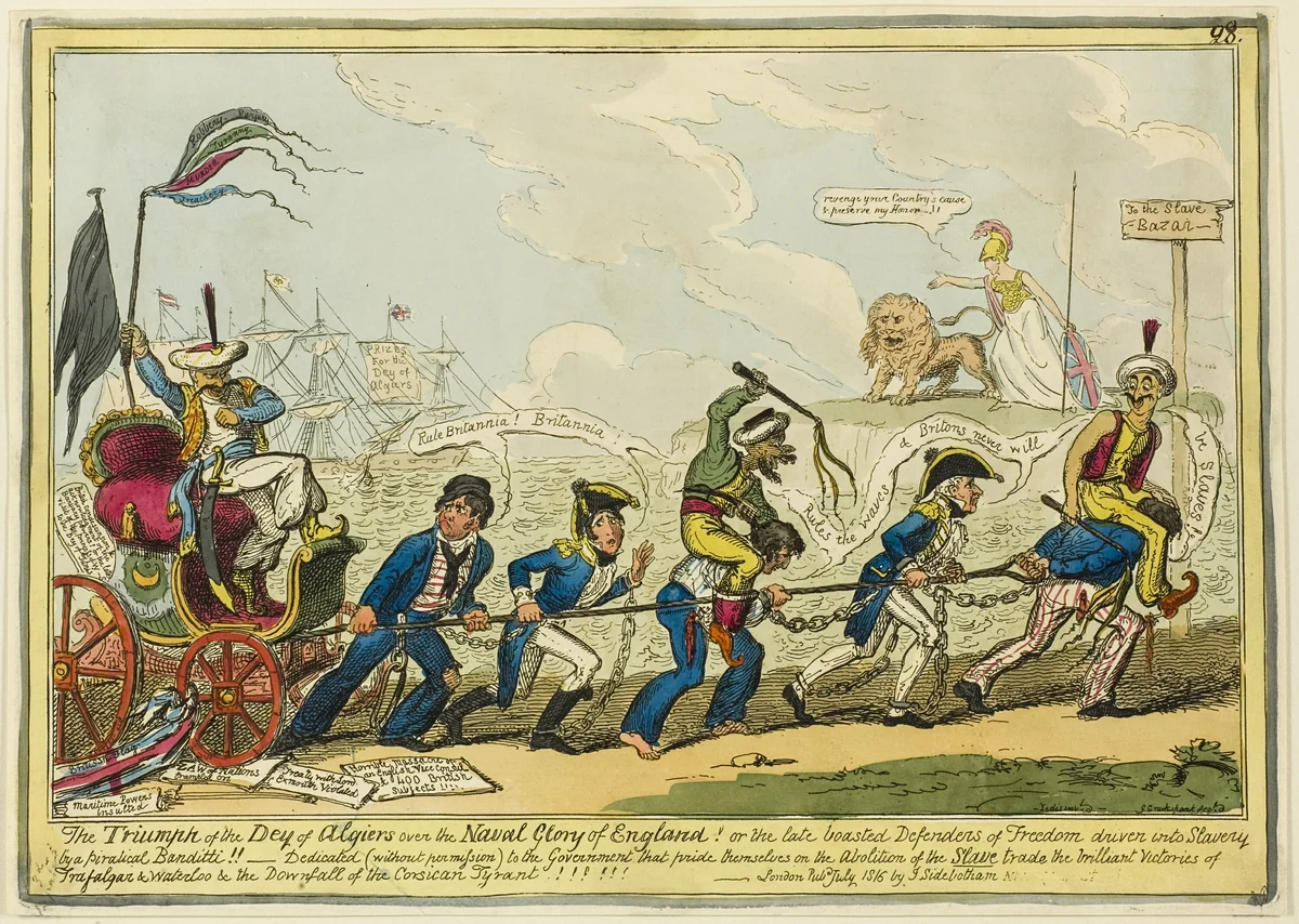 The Triumph of the Dey of Algiers Over the Naval Glory of England!! by George Cruikshank, print, 1816