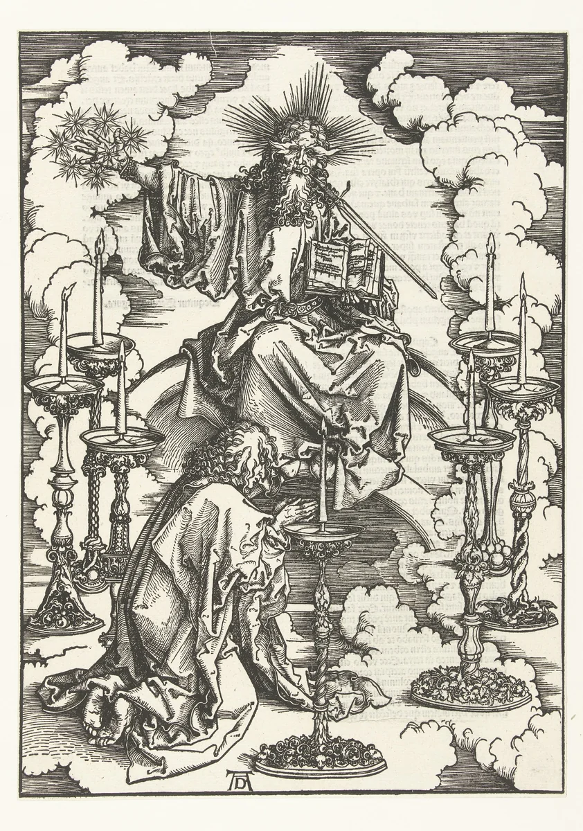 Johannes de Evangelist knielt voor Christus temidden van zeven kandelaars by Unknown, print, 1496-1498