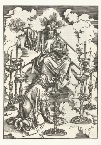 Johannes de Evangelist knielt voor Christus temidden van zeven kandelaars by Unknown, print, 1496-1498