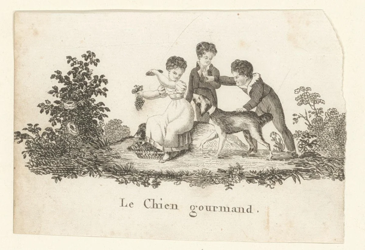 Drie kinderen spelen met een hond by anonymous, print, 1800-1899