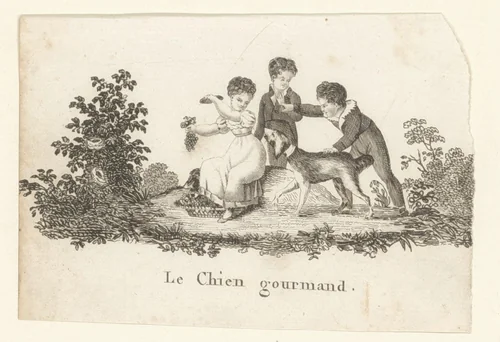 Drie kinderen spelen met een hond by anonymous, print, 1800-1899