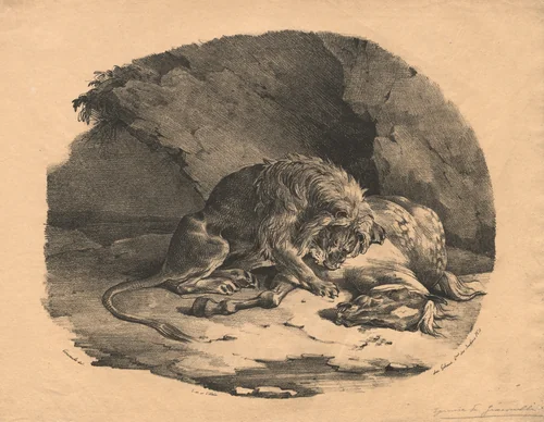 Horse Devoured by a Lion by Théodore Géricault, print, 1823