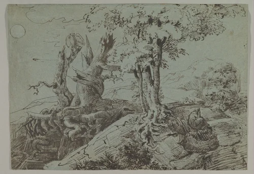 Rugged Moonlit Landscape with a Woman Seated by Gnarled Tree Roots, and an Owl by Ludwig Emil Grimm, drawing, 1833