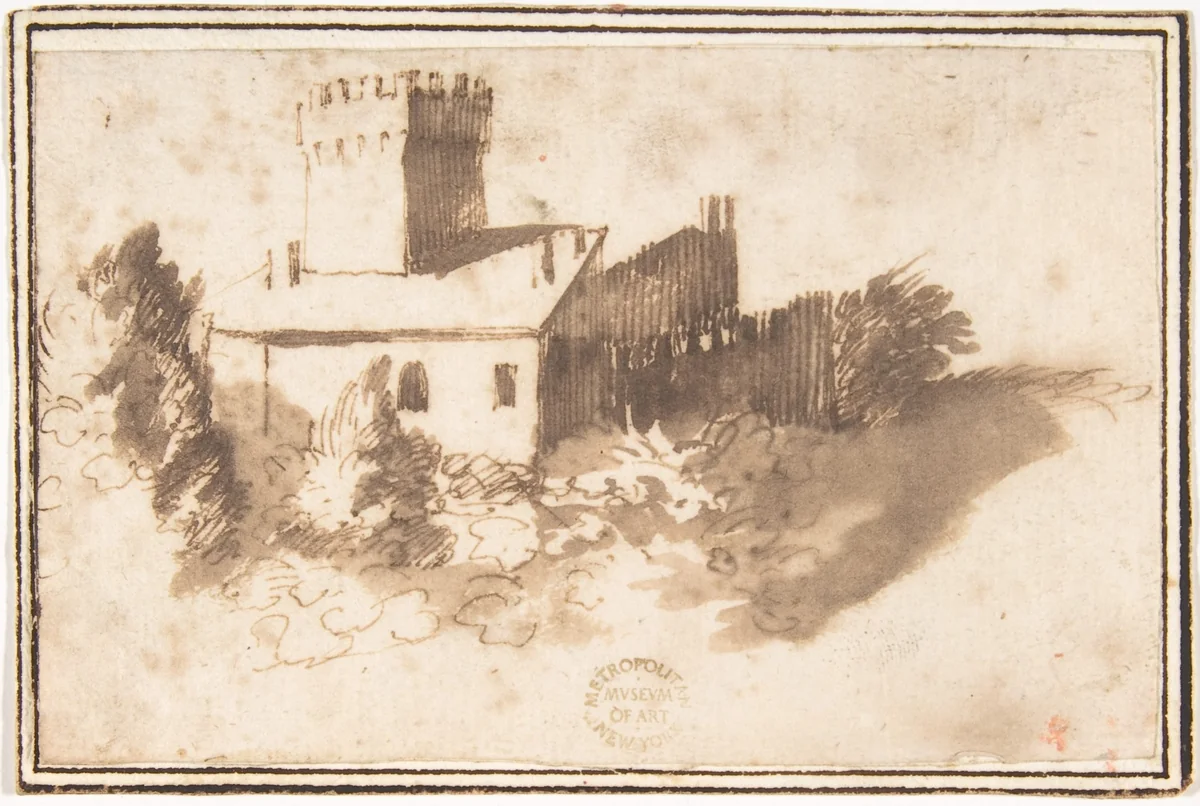 Landscape with a Fortified Building by Francesco Allegrini, drawing, 1624-1663