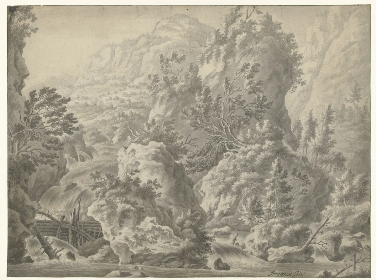Mountain Landscape with Waterfall by Frederik de Moucheron, drawing, 1660