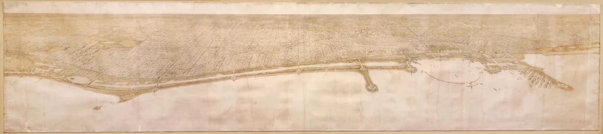Plate 49 from Plan of Chicago 1909: Chicago. View of the City from Jackson Park to Grant Park, Looking Towards the West. The proposed shore treatment as a park enclosing a waterway (or a series of lagoons) is shown, together with the enlarged yacht harbor, recreation piers, and a scheme for Grant Park. by Daniel Hudson Burnham, other, 1907