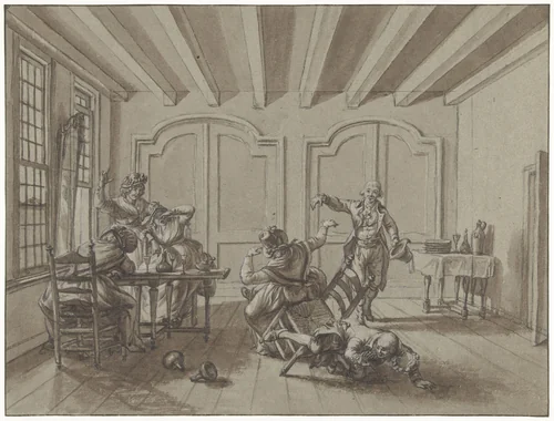 Voorval tijdens een maaltijd van de vriendenkring by Jacob Cats, drawing, 1751-1799