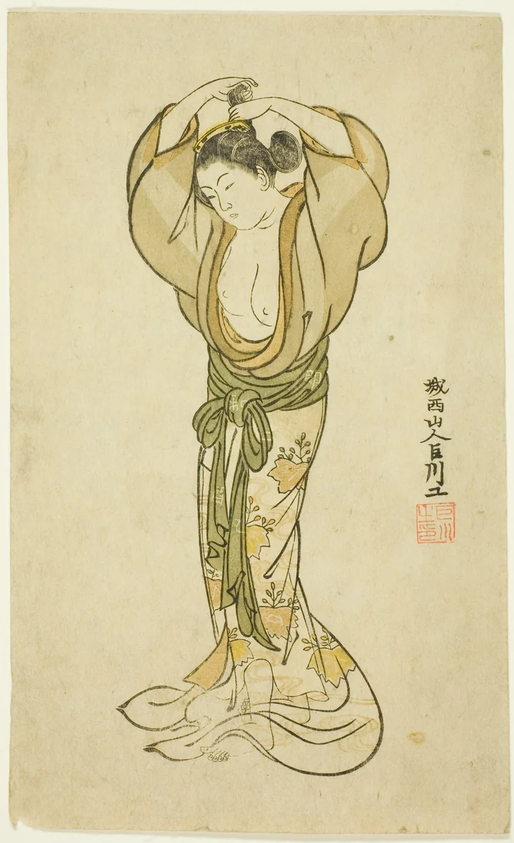 Woman Arranging Her Hair by Kyosen, print, 1765