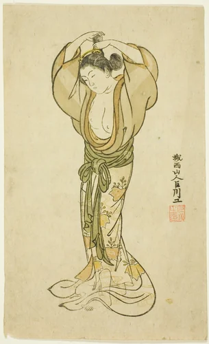 Woman Arranging Her Hair by Kyosen, print, 1765