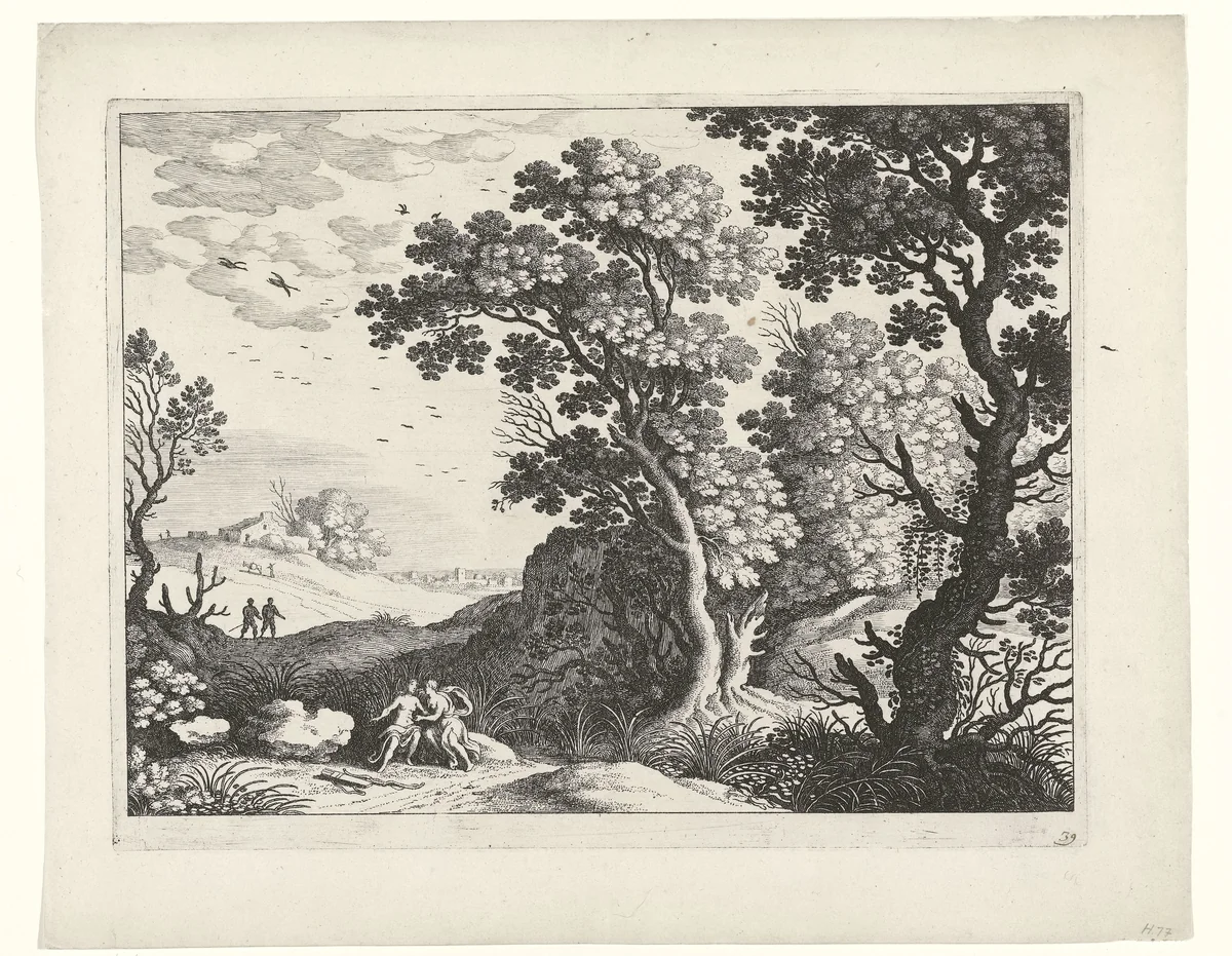 Landschap met Diana en een nimf by Guilliam van Nieulandt, print, 1594-1635