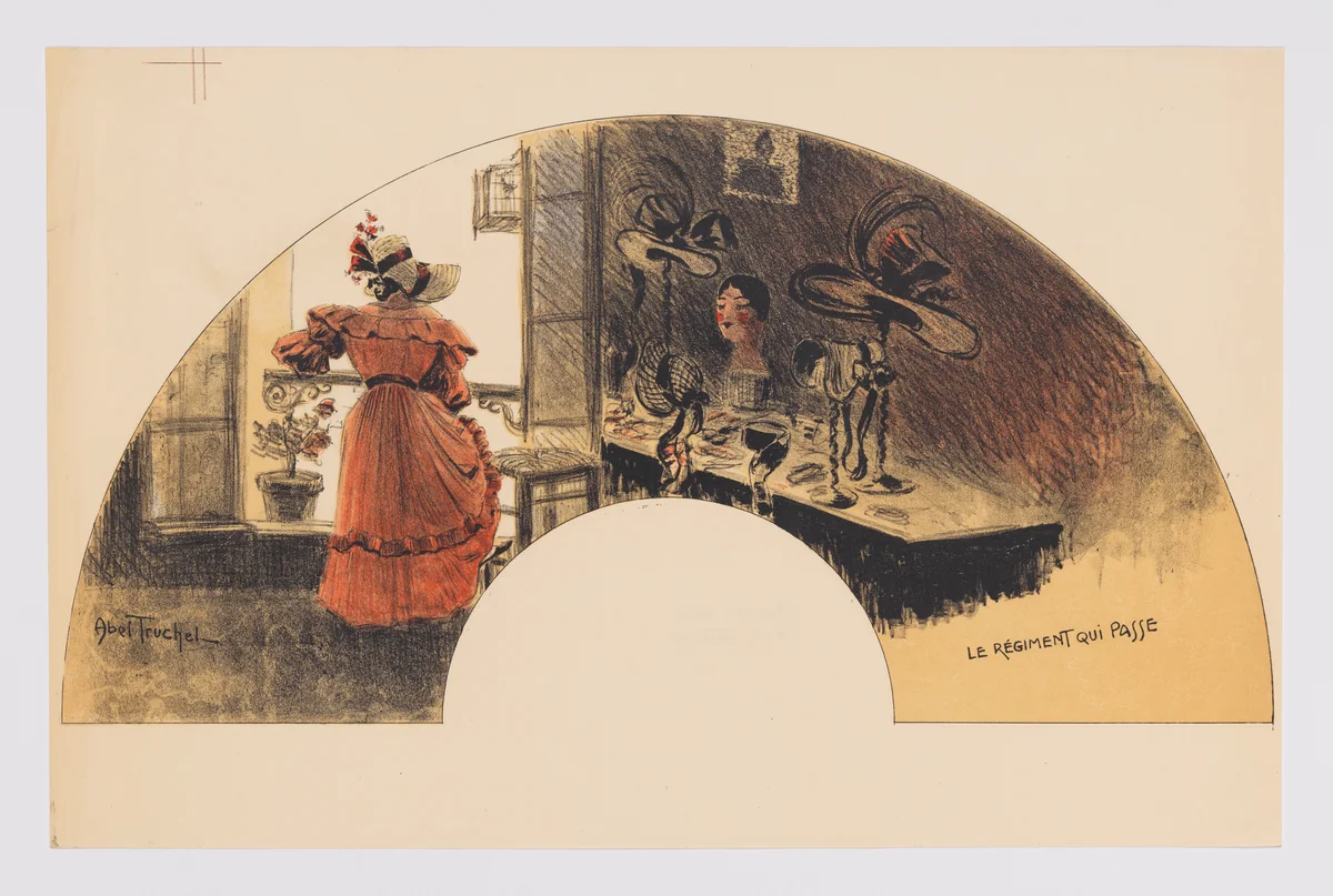 Fan leaf depicting woman with hat in shop by Louis Abel-Truchet, print, 1904-1905