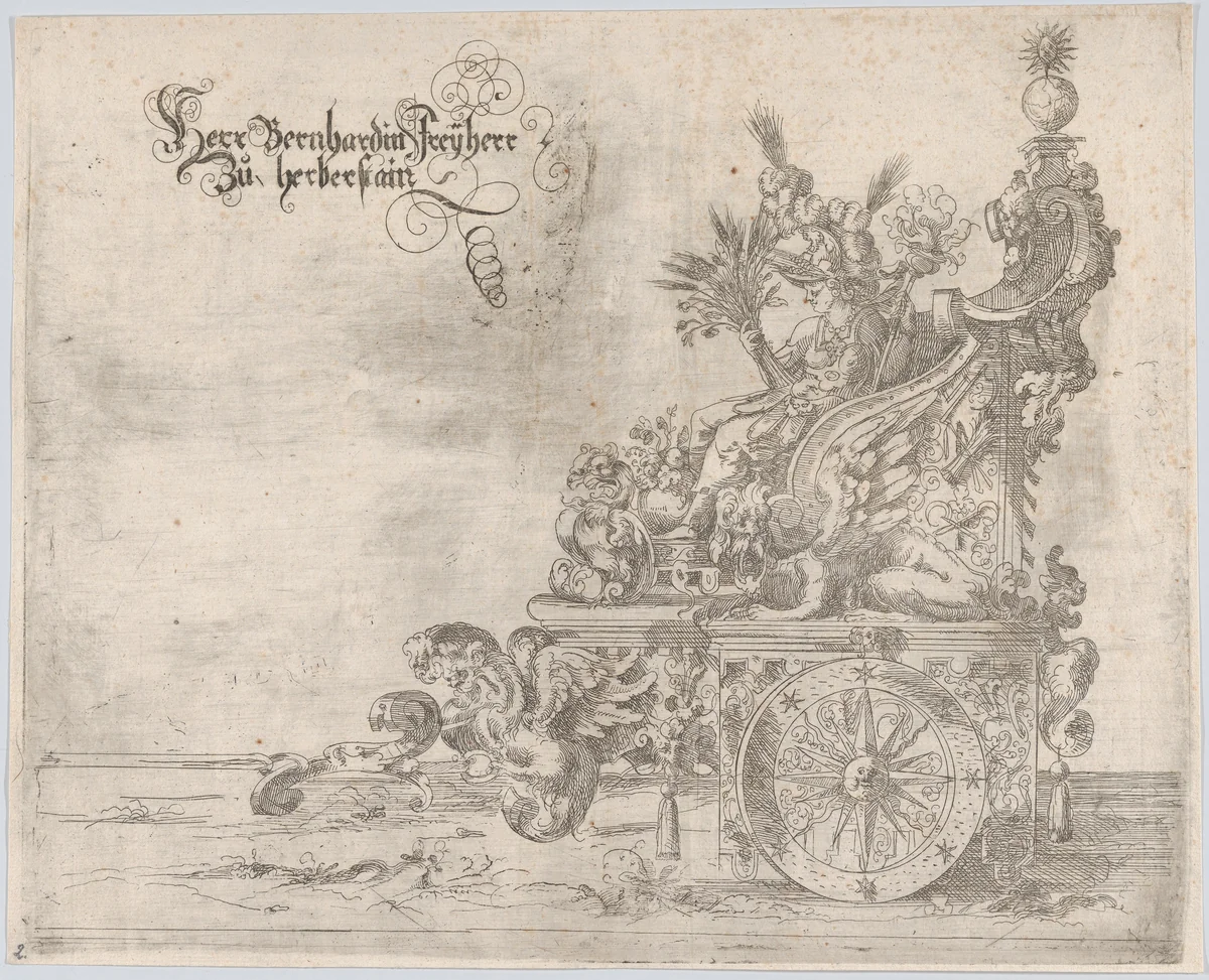 Procession, with a female figure seated on a float by anonymous, print, 1500-1599